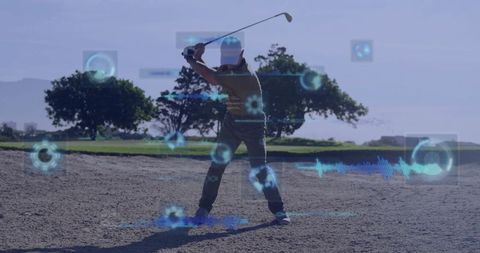 Golfer swinging with digital analysis data projected