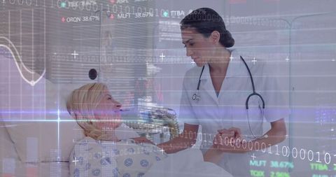 Nurse Supporting Patient with Digital Healthcare Data Overlay