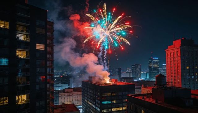 Urban rooftop colorful fireworks lighting night skyline with smoke plume and water tower