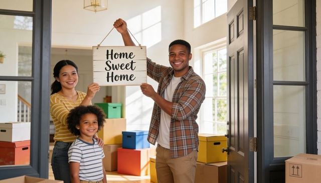 Diverse family moving into new home holding home sweet home sign amid moving boxes