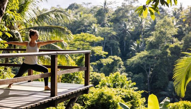 Woman practicing warrior ii yoga in activewear on tropical forest deck with sunlit canopy view
