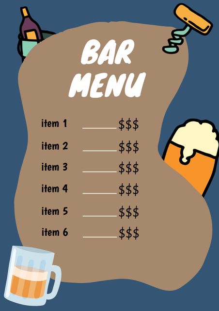 Ideal for bars and pubs, this playful menu template features vibrant illustrations of drinks and bar-related items. Perfect for listing drinks and prices in a visually appealing way for events, parties, or regular bar service. Easily customizable for different drink options or daily specials.