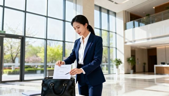 Asian businesswoman standing in glass atrium sorting documents and preparing briefcase