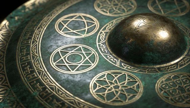 Gleaming bronze shield with gilded pentagrams and verdigris patina, ornate boss