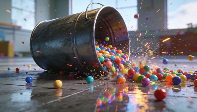 Spilling bucket of multicolor spheres scattering sparks on glossy reflective tile floor