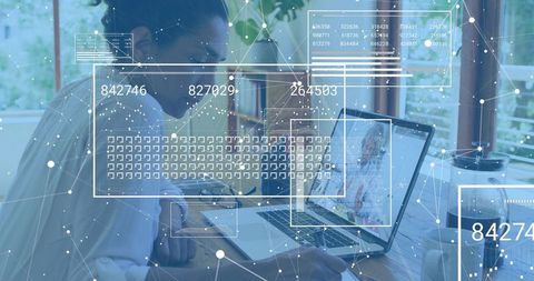 Senior Woman Working Remotely with Colleague and Data HUD Overlays in Home Office