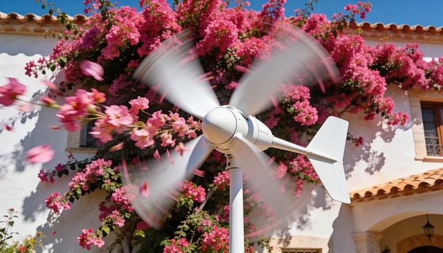 White micro wind turbine spinning in sunny mediterranean courtyard with pink bougainvillea