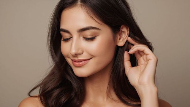 Smiling woman touching hair near ear, closeup beauty portrait with soft beige background