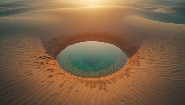 Emerald oasis in golden desert at sunrise