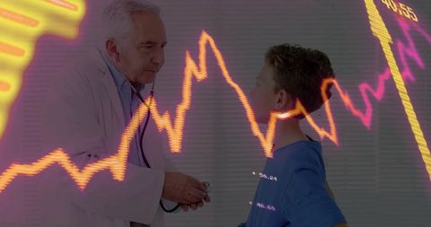 Pediatric checkup with digital financial analysis overlay