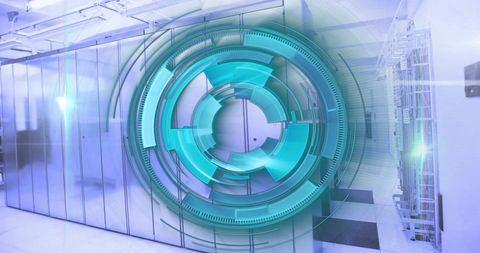 Futuristic data processing display over server racks