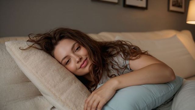 Relaxing young woman reclining on sofa hugging light blue cushion with warm lamp light
