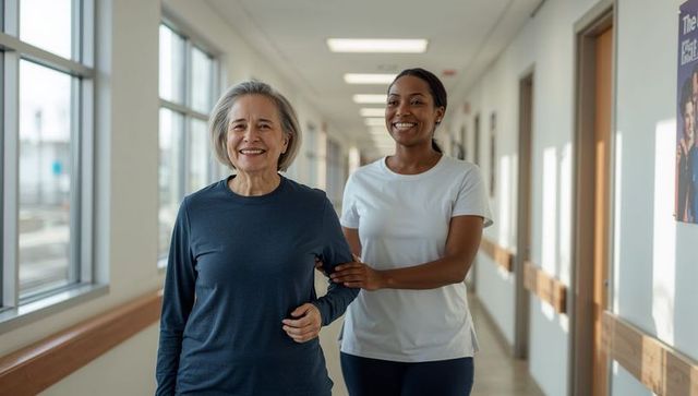 Smiling senior walking with caregiver in bright rehab corridor providing supportive care