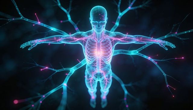 Holographic Human Anatomy with Glowing Heart and Neural Network in Futuristic Cyan and Magenta