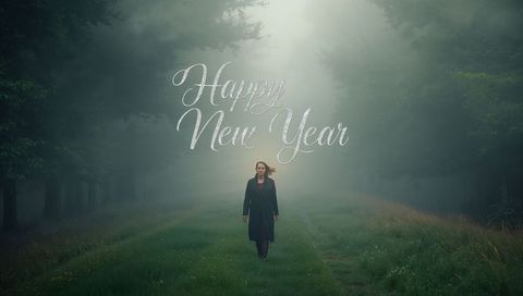 Woman walking through misty forest path under sunbeam halo with happy new year script overlay