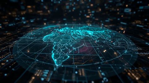 Futuristic holographic globe with neon continents over digital grid