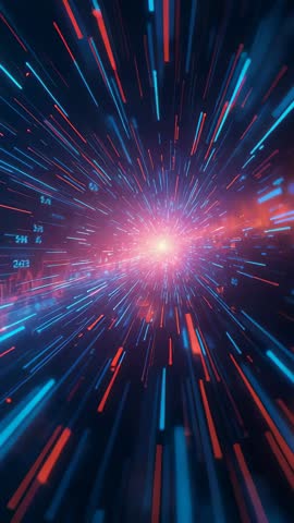 Vertical hyperspace tunnel driving core pulsing with neon data streaks and HUD particles