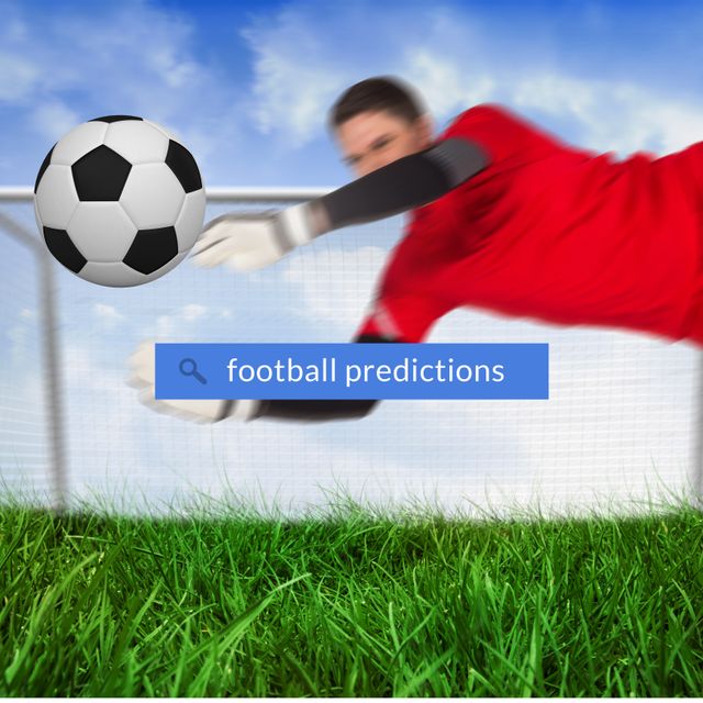 Image depicting a soccer goalkeeper in red jersey diving to make a save, with search bar highlighting football predictions. Ideal for websites and advertisements related to sports betting, football predictions, sports analysis, and competitive sports marketing.