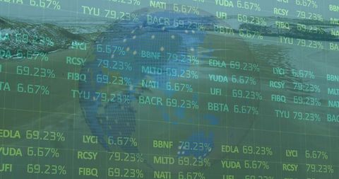 Floating digital globe overlaying stock market tickers and percentage analytics grid