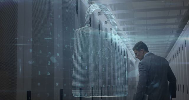 Businessman in Data Center with Digital Lock Symbolizing Cybersecurity - Download Free Stock Photos Pikwizard.com