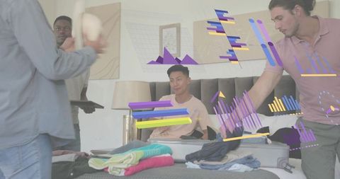 Packing luggage in hotel room using augmented reality travel planning charts and teamwork