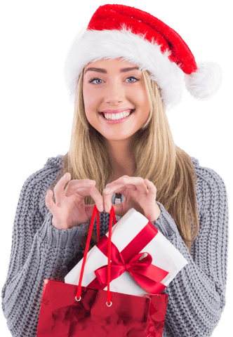 Smiling Woman in Santa Hat Holding Christmas Gifts Transparent Background