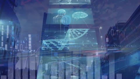 Futuristic City with Technological Integration and Data Visuals