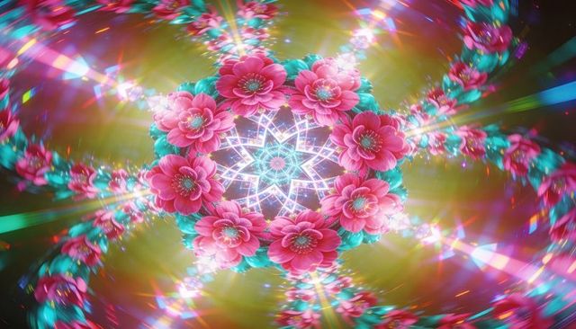Rotating neon floral mandala with geometric star, holographic prism glow and teal accents