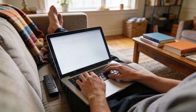 Barefoot man typing on laptop on couch, remote work and browsing in cozy living room