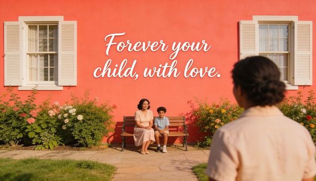 Mother and son sitting on bench in sunny garden against coral wall with slogan