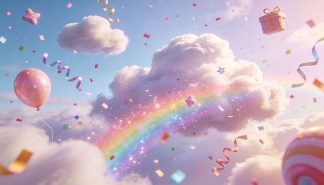 Sparkling pastel rainbow arching through fluffy clouds with balloons, confetti and gift