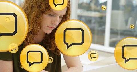 Businesswoman Analyzing Data with Digital Communication Icons