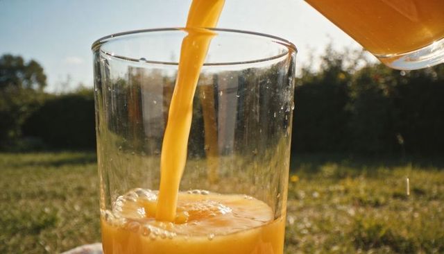 Sunlit orange juice pouring into clear tumbler, frothy bubbles, summer backyard drink