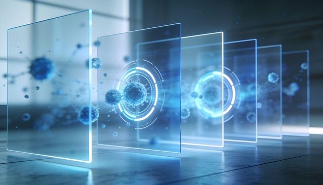 Holographic panels showing futuristic viral particles with neon hud in high-tech lab