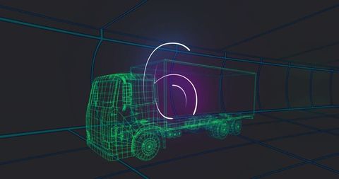Neon wireframe truck and trailer in futuristic cyan grid tunnel with magenta glow hologram