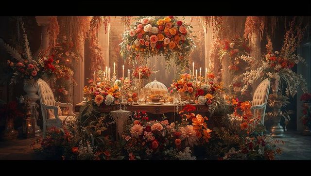 Luxurious Banquet Table with Vibrant Floral Arrangement and Candlelight