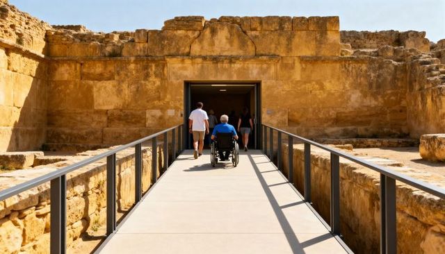 Senior in manual wheelchair ascending accessible ramp into ancient ruins with companions