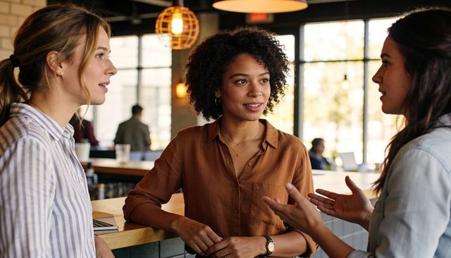 Three women colleagues engaging in casual cafe conversation while planning creative collaboration