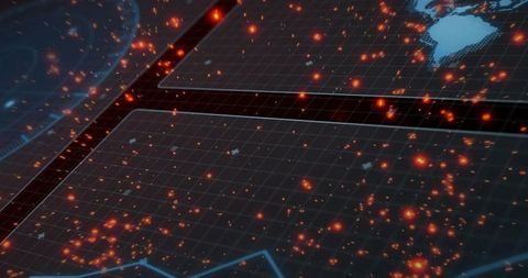 Futuristic Holographic Data Grid with Glowing Orange Nodes and Neon Analytics Dashboard