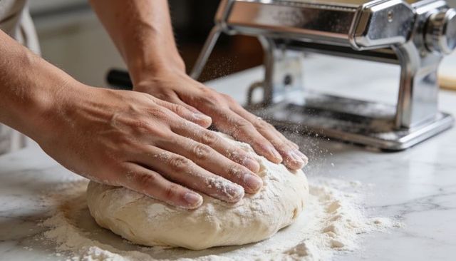 Hands kneading dough on marble countertop with flour dust and pasta roller