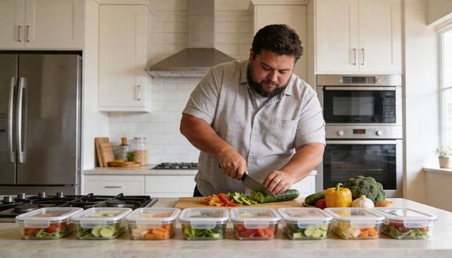 Man slicing cucumber and packing meal-prep boxes in bright modern kitchen