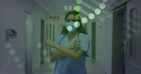 Confident nurse standing in hospital corridor wearing mask and stethoscope with DNA overlay