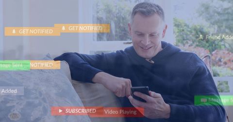 content notifications floating around smiling man using smartphone - Download Free Stock Images Pikwizard.com