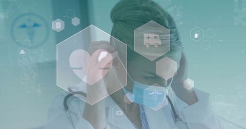 Female Doctor Setting Face Mask Chevron Medical Icons Overlay