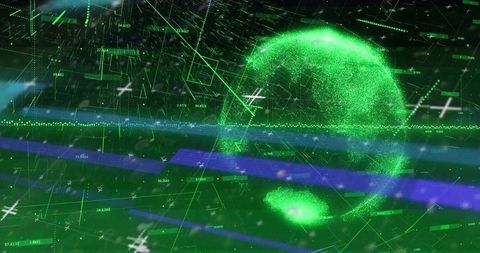 Luminous Green Particle Globe with Data Overlays, Futuristic HUD Network Visualization