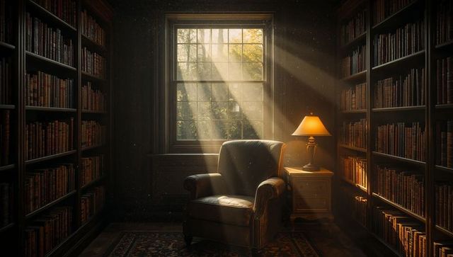 Sunbeams Bathing Vintage Leather Armchair in Cozy Book-Lined Library with Warm Lamp Light
