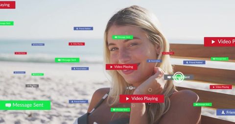 Blonde woman relaxing on beach lounger with social media notifications and video alerts