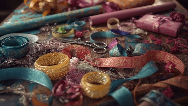 Colorful Ribbons and Tools on Craft Table Artistic Display