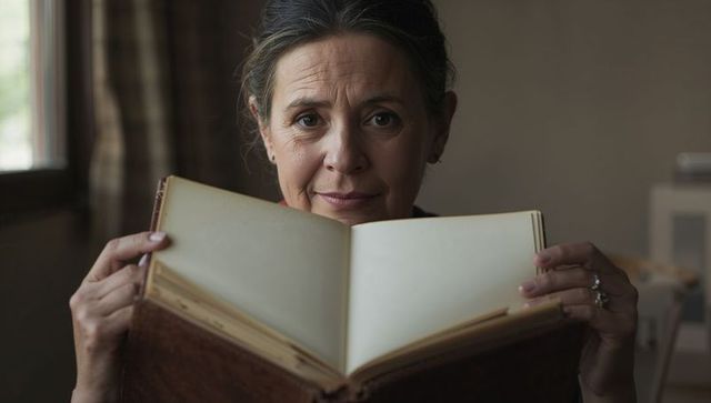 Senior woman holding and presenting open antique book showing blank cream pages, window light