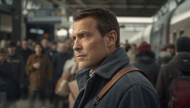 Mature commuter watching busy train platform, carrying leather satchel, wearing grey coat